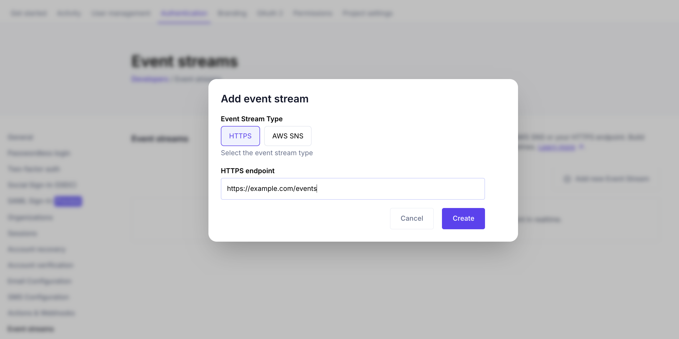 Add event stream dialog with HTTPS type selected