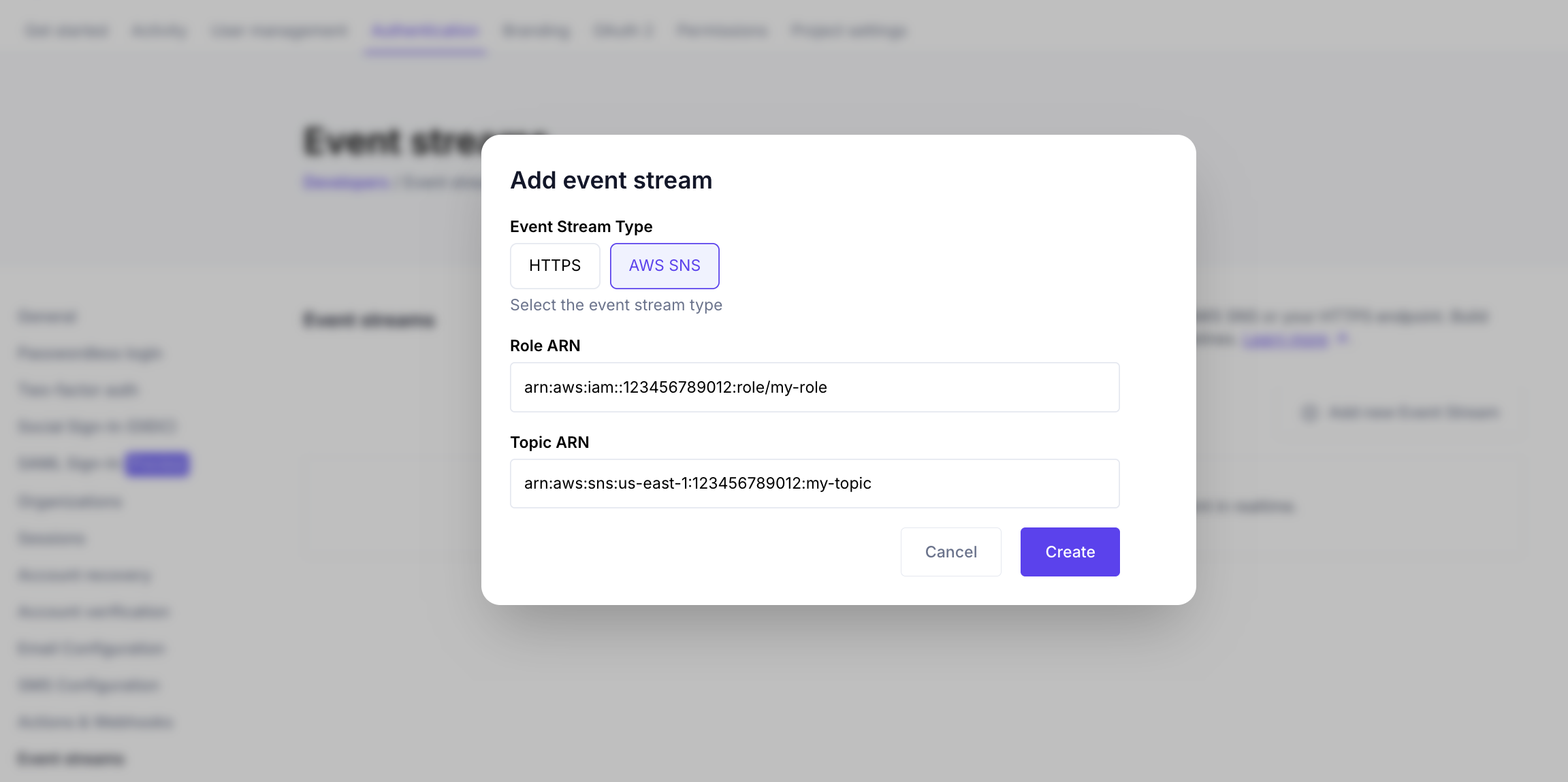 Add event stream dialog with AWS SNS type selected