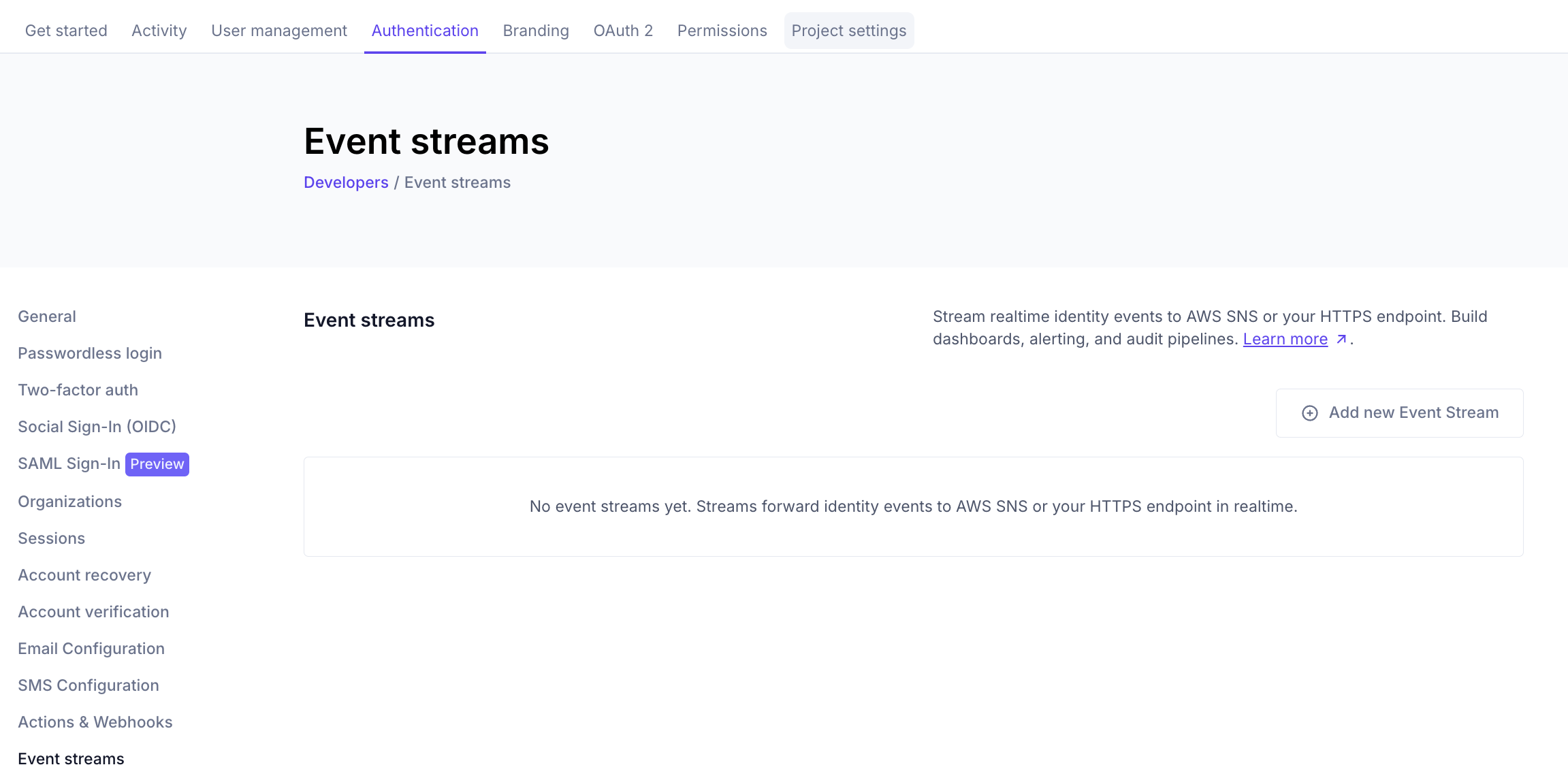 Event streams page with the Add new Event Stream button